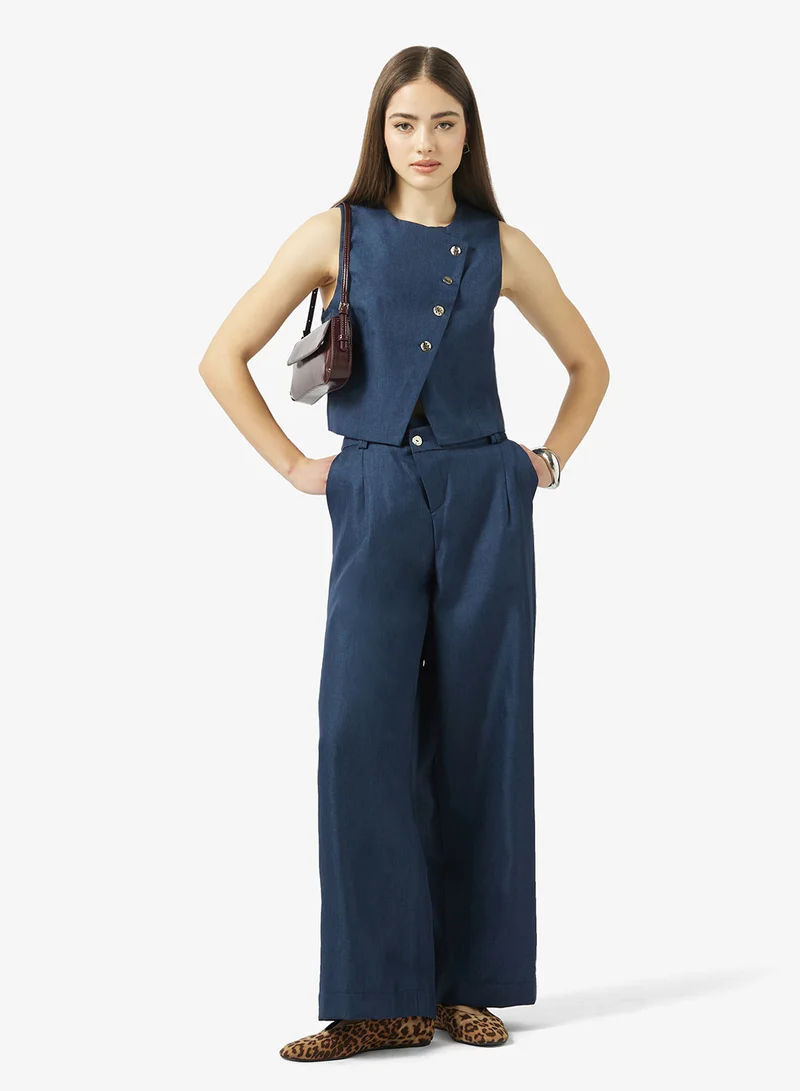Ginger  Button Up Detail Top & Wide Leg Pant Coord Denim Set for Women | Best Price UAE